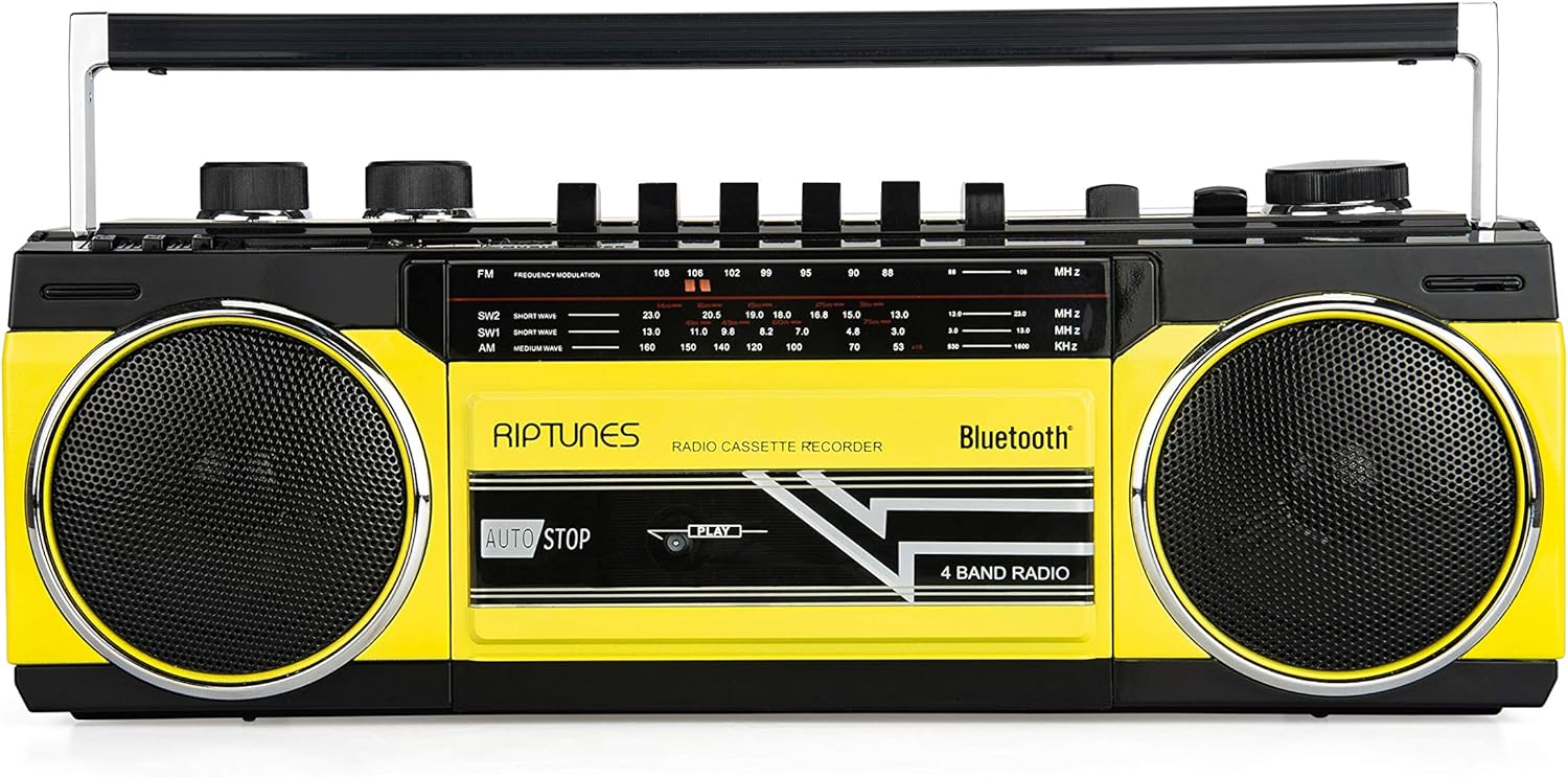 Riptunes Cassette Boombox, Retro Blueooth Boombox, Cassette Player and Recorder, AM/FM/ SW-1-SW2 Radio-4-Band Radio, USB, and SD, Yellow
