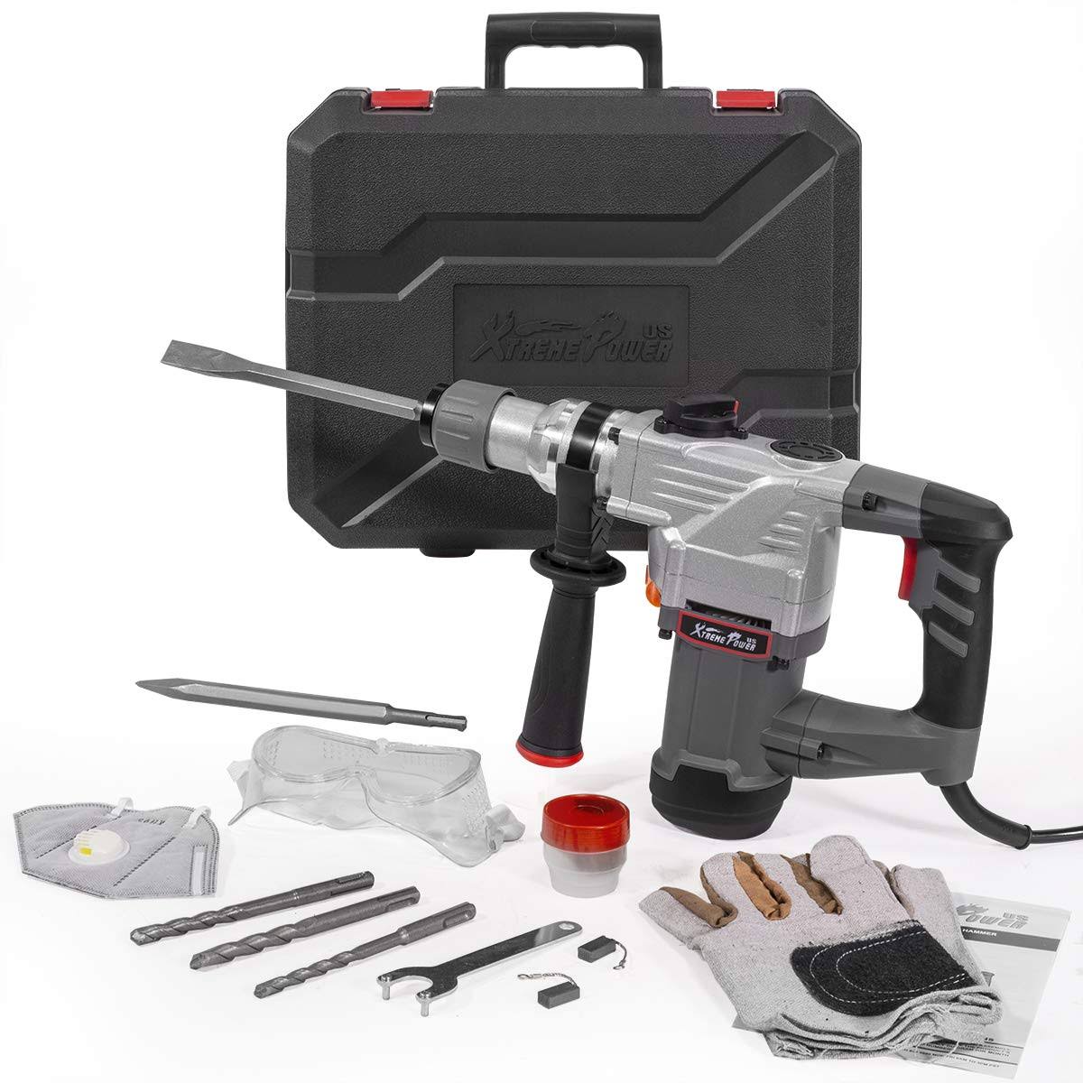 XtremepowerUS 1180W 1-1/4 inch SDS-Plus Deluxe Rotary Hammer Drilling Chisels u0026 Drill Bits Set with Case, Gray 45356