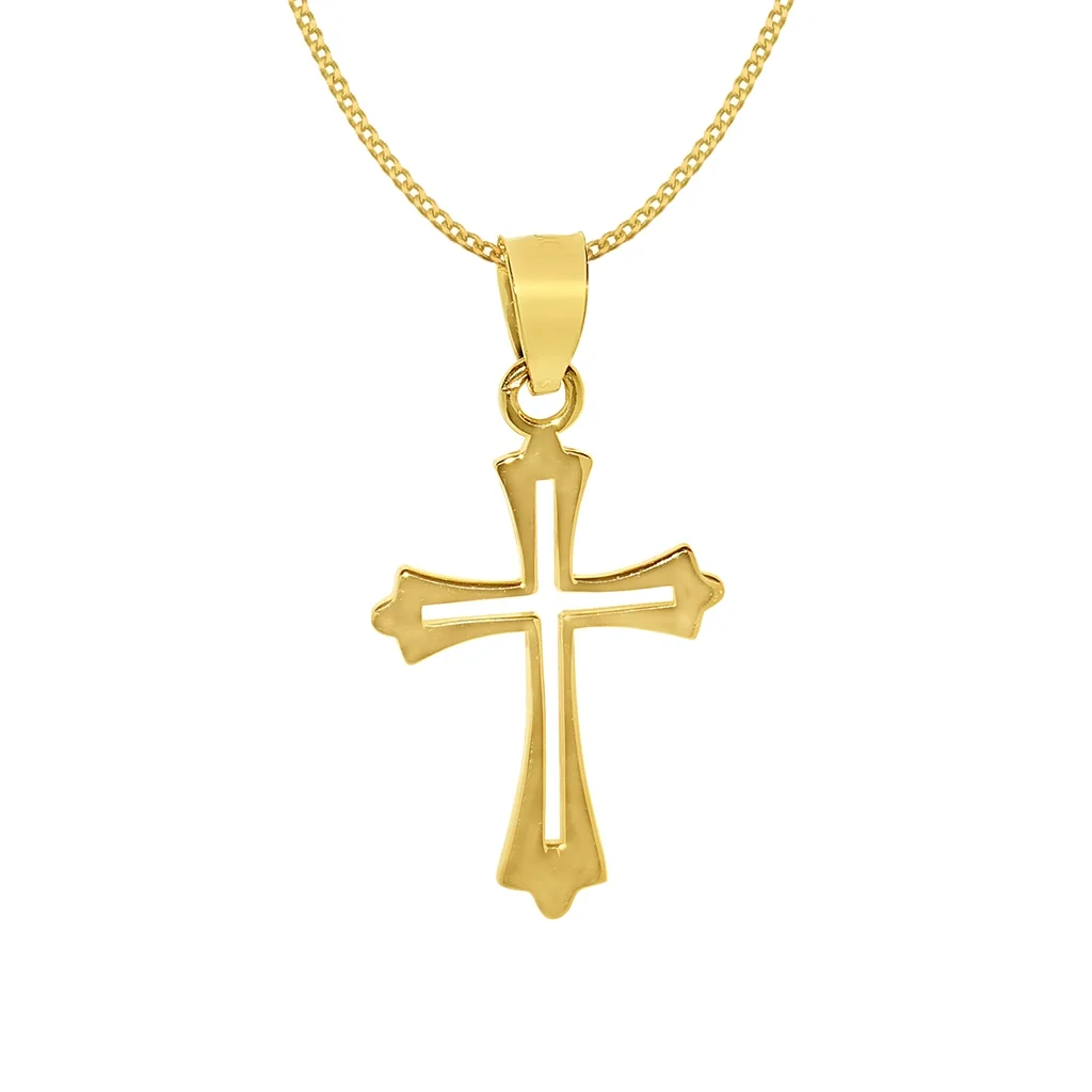 Precious Stars 14K Yellow Solid Gold Fancy Cross Religious Pendant with 22" Chain Necklace