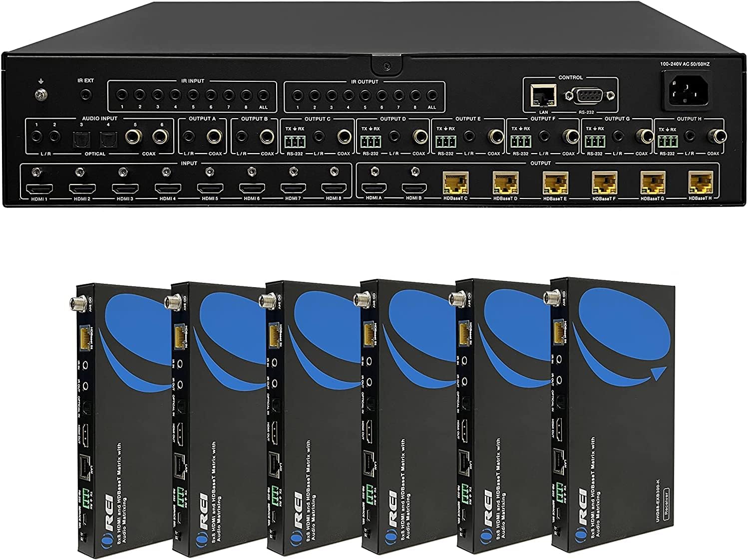 8x6 4K HDMI Matrix Switcher Extender by OREI - HDBaseT UltraHD 4K @ 60Hz 4:4:4 Over Single CAT5e/6/7 Cable with HDR, CEC & IR Control, RS-232