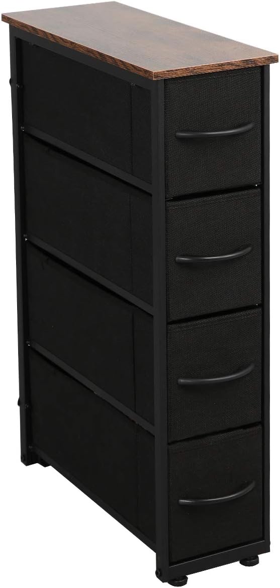 Somdot Vertical Dresser Narrow Storage Tower with 4 Drawers for Bedroom Office Laundry Closet Entryway Hallway Nursery Room, Steel Frame, Wood Top