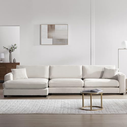 P PURLOVE Oversized Corduroy Sectional Sofa with USB Charging Port, Cup Holder, L Shaped Cloud Couch with 50" W Chaise