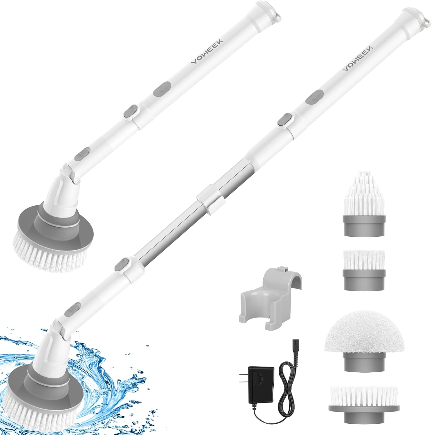 Electric Spin Scrubber, Voweek Cordless Cleaning Brush with Adjustable Extension Arm 4 Replaceable Cleaning Heads, Power Shower Scrubber for Bathroom