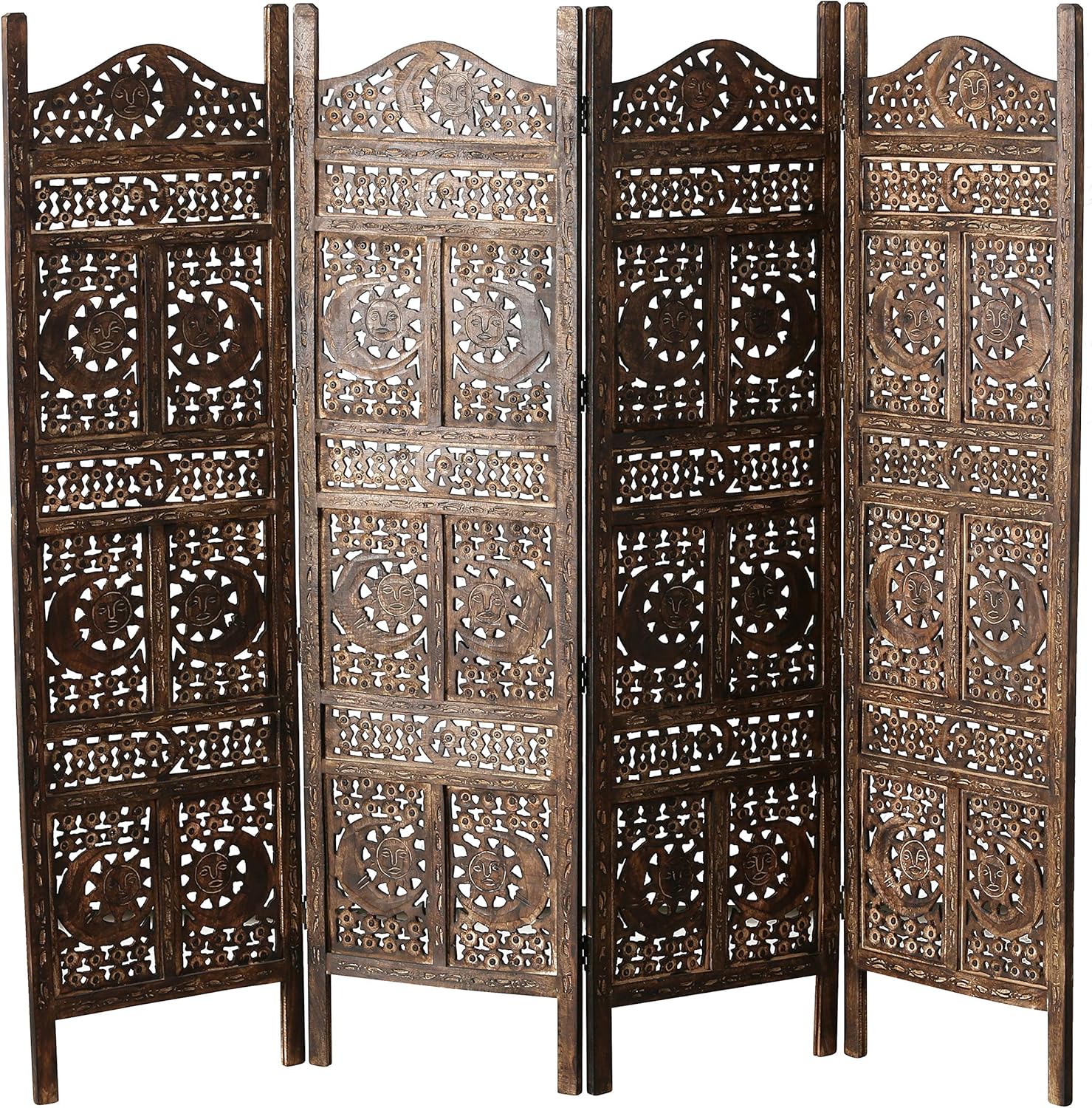 Global Chic Sun, Moon and Star 4 Panel Screen Room Divider of Hand Carved Sustainable Mango Wood