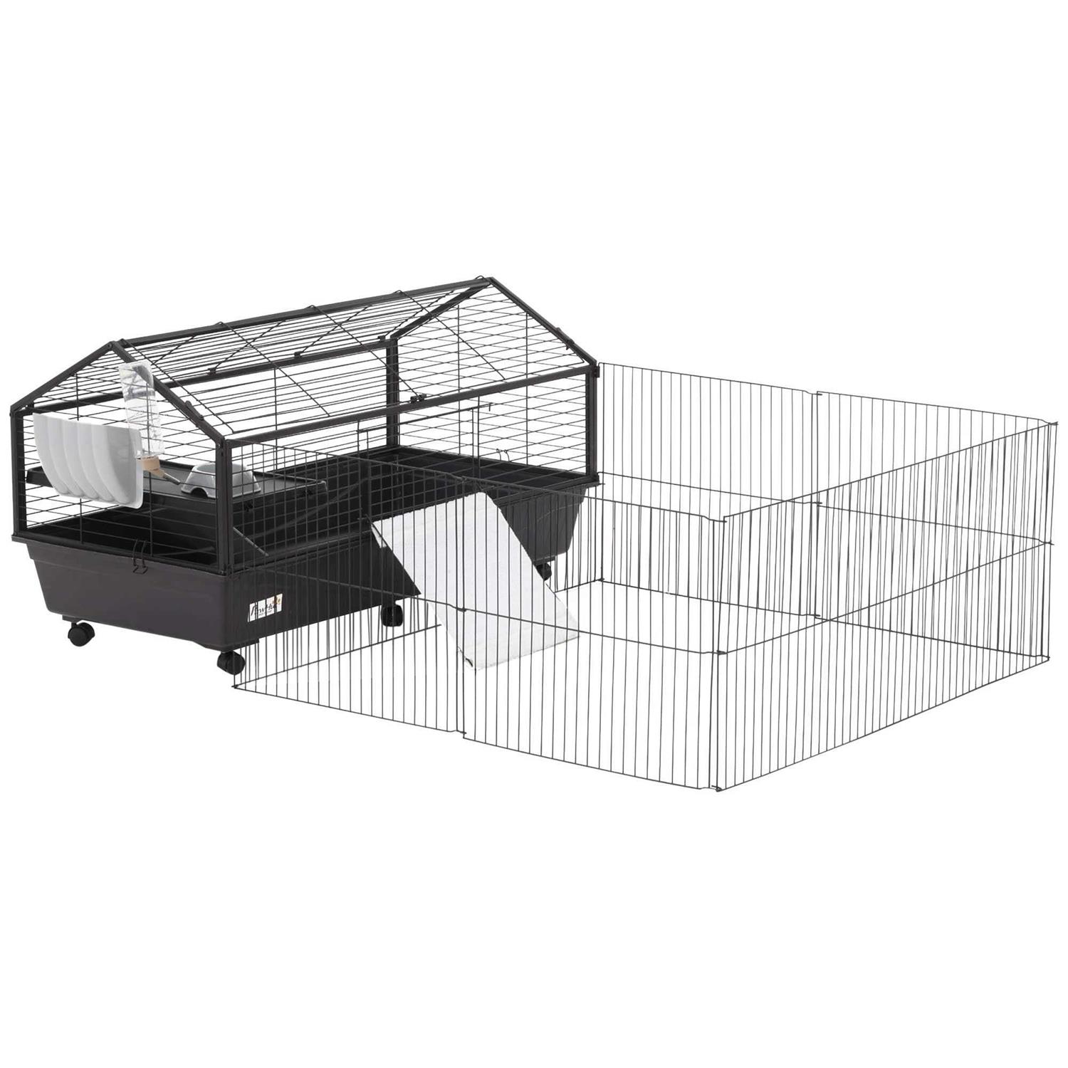 PawHut Rolling Metal Rabbit Guinea Pig or Small Animal Hutch Cage with Main House and Run - Pet Supplies online store
