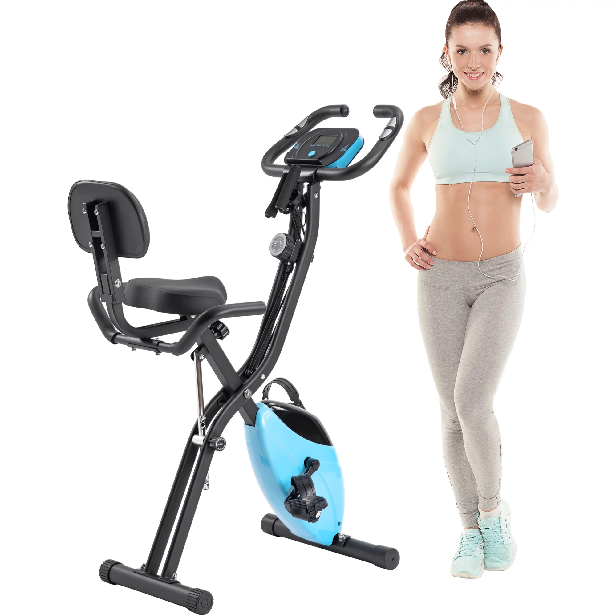 Folding Exercise Bike with Arm Workout, Recumbent Exercise Bike, Fitness Upright and Recumbent X-Bike with 10-Level Adjustable Resistance