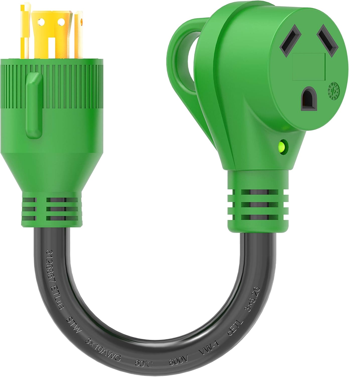 RVGUARD 4 Prong 30 Amp to 30 Amp RV Generator Adapter Cord 12 Inch, STW 10/3, L14-30P Locking Male Plug to TT-30R Female with LED Power Indicator