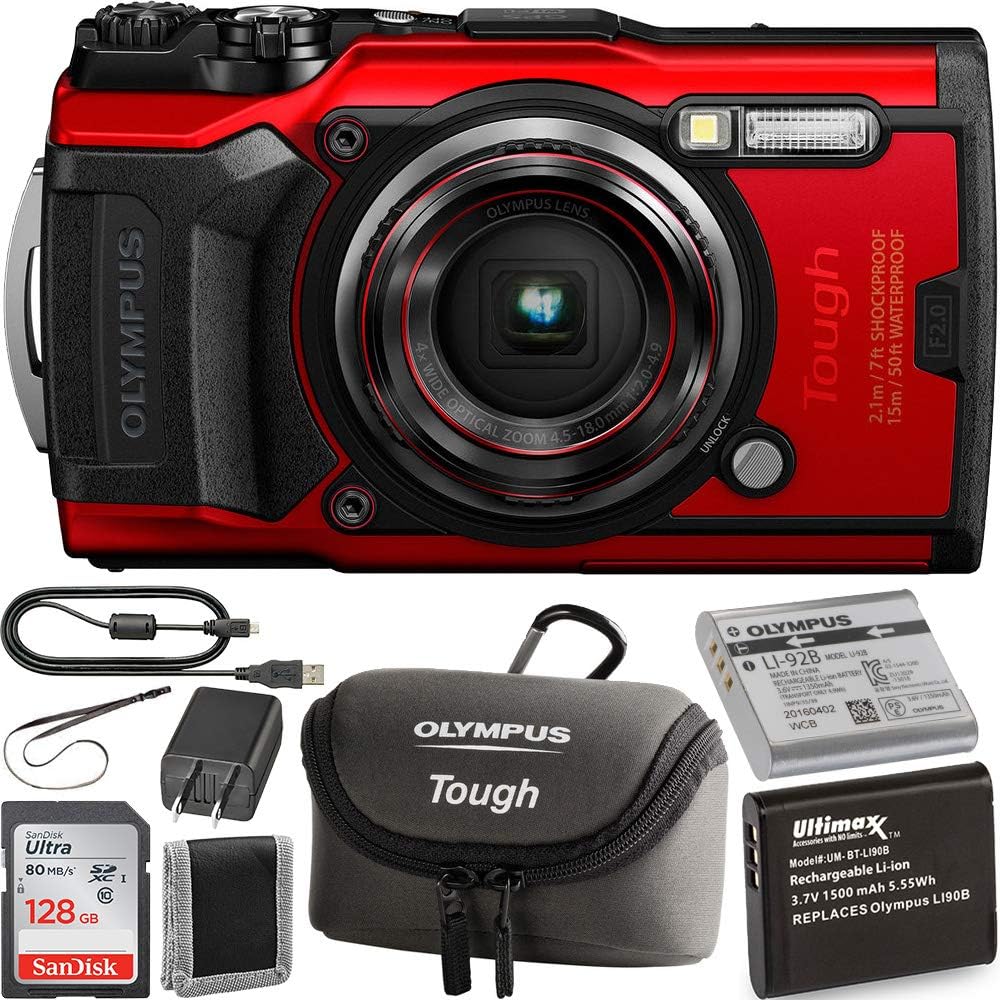 Olympus Tough TG-6 Digital Camera (Red) with Carrying Case (Black) and Starter Kit: Includes- x1 Ultimaxx Li-90B Replacement Battery for Olympus