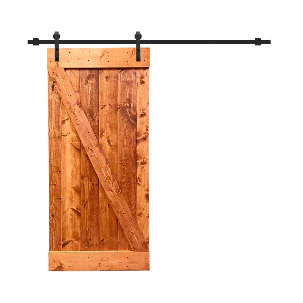 CALHOME 36 in. x 84 in. Z Bar Red Walnut Stained Solid Knotty Pine Wood Interior Sliding Barn Door with Sliding Hardware Kit