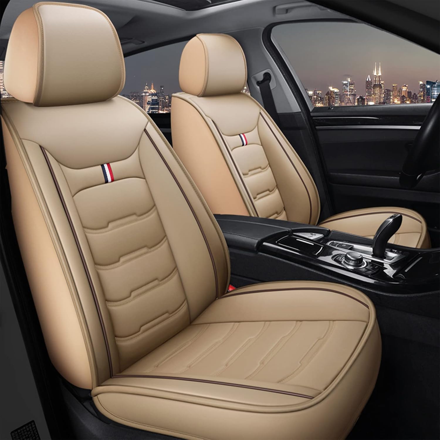 TYFYB Universal 5 Seats Wearproof PU Leather Car Seat Cover Full Set Seat Pad Protector Set Front + Rear Cushions w/Pillows Black/Beige