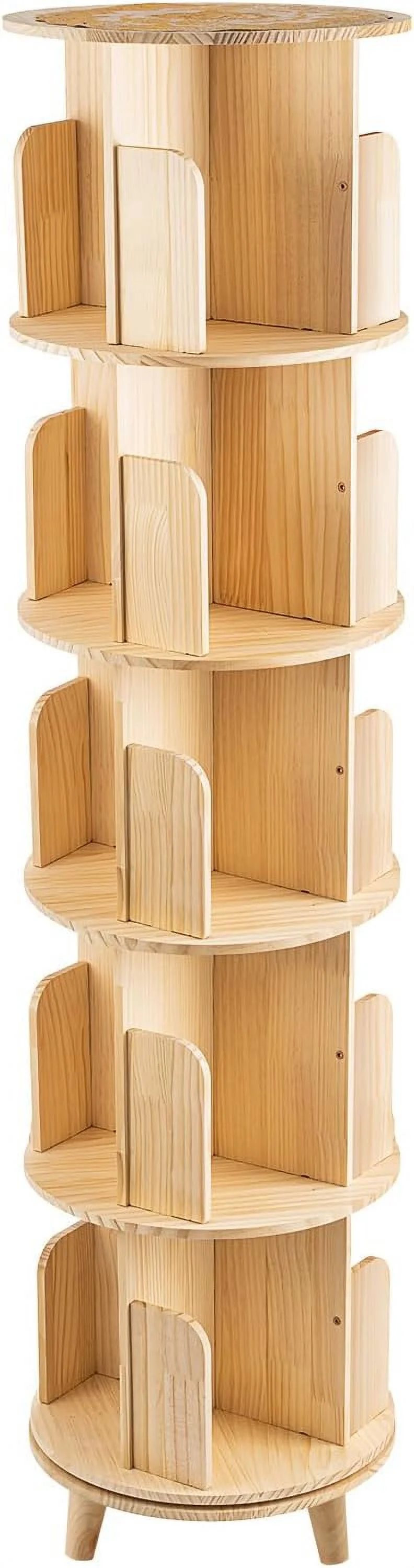 5 Tier Rotating Bookcase With Legs,360°Display Wood Round Bookshelf,Swivel Bookcase - Curated Treasures Market