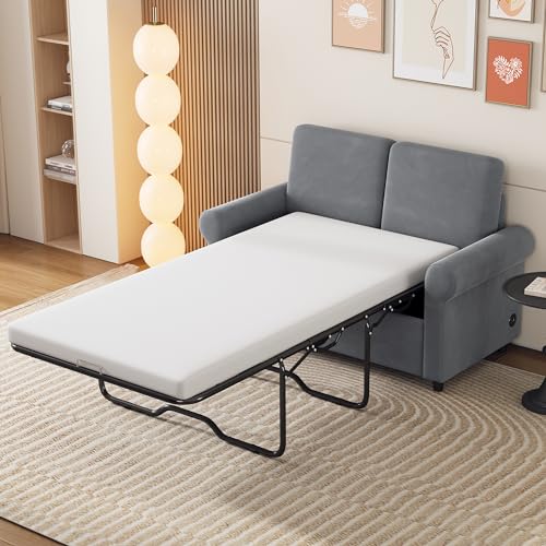 P PURLOVE Sleeper Sofa Bed, Pull Out Sofa Bed Loveseat Sleeper with Twin Size Memory Mattress, Modern Linen Couch Bed Chairs for Living Room