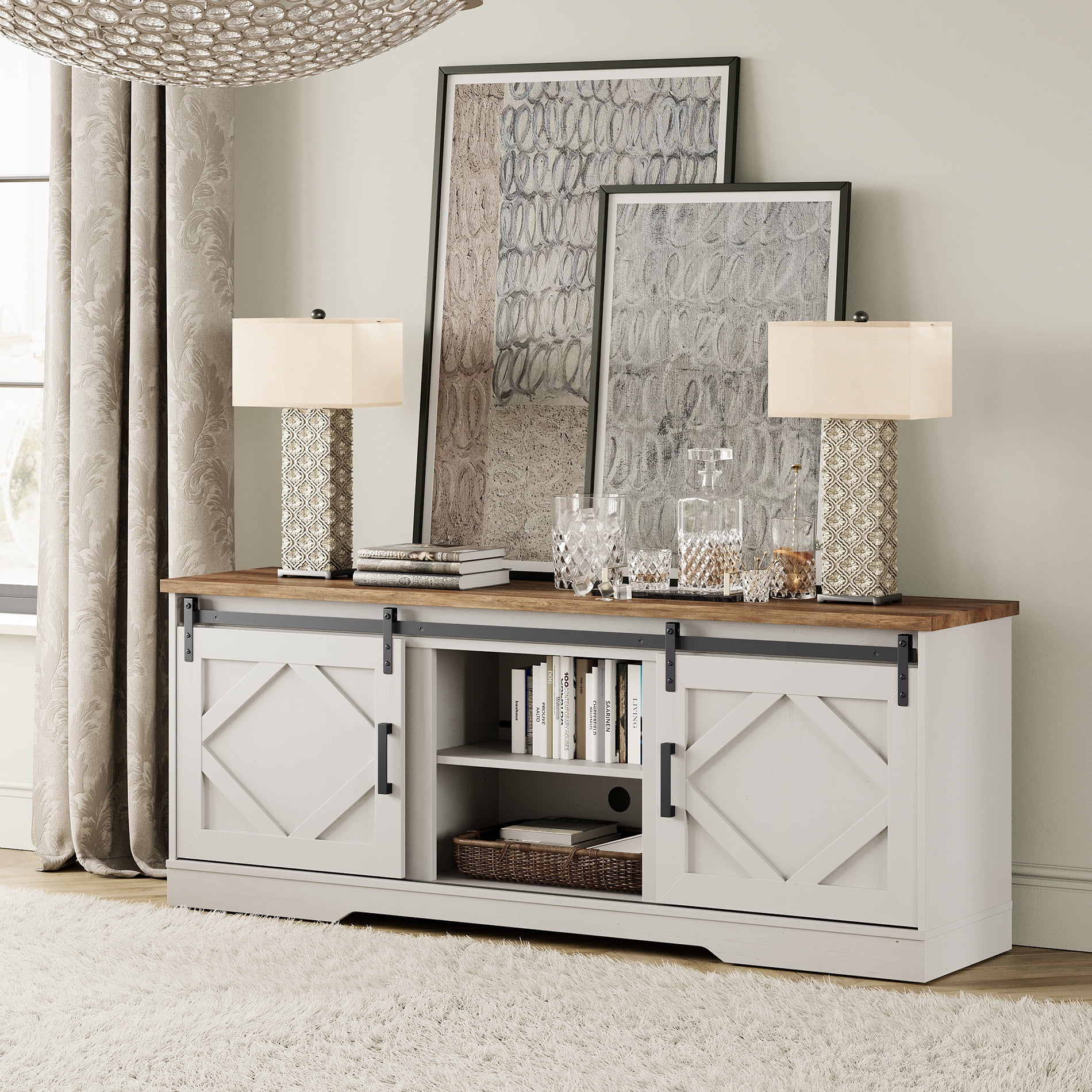 WAMPAT Farmhouse TV Stand Modern Sliding Barn Door Entertainment Center for TVs Up to 75 inch