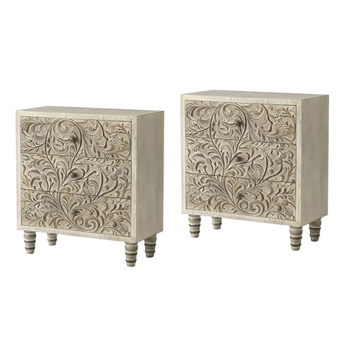 LONYKE 3 Drawer Farmhouse Dresser with Embossed Weathered Flower Motif, Vintage Nightstand for Bedroom, Fully-Assembled, Boho, Weathered White