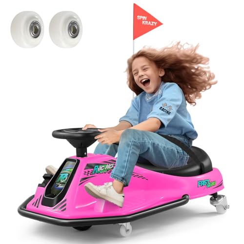 360 Degrees Rotating Ride On Drift Car and 2 Replacement Universal Wheels, 24V Electric Drifting Go Kart for Kids W/Brushless Motor, High/Low Speed