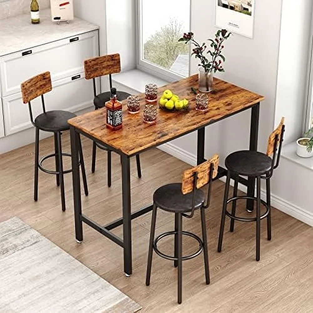 TJUNBOLIFE 3 Piece  Table Set  2-Tier Round Pub Dining Set Wooden Bistro Table with 2 PU upholstered Stools Counter Height Kitchen Table Set for