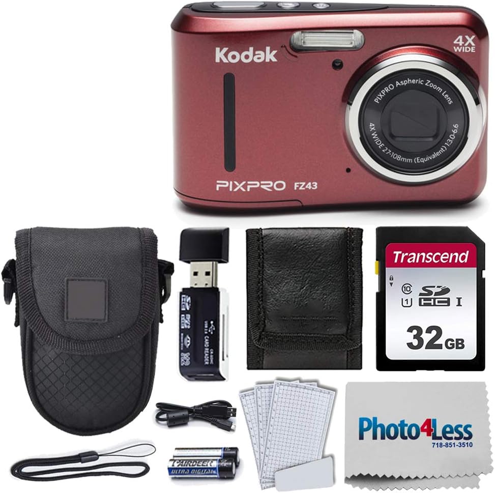 Kodak PIXPRO Friendly Zoom FZ43 16 MP Digital Camera with 4X Optical Zoom and 2.7 LCD Screen (Red) + Black Point & Shoot Case + Transcend 32GB UHS-I