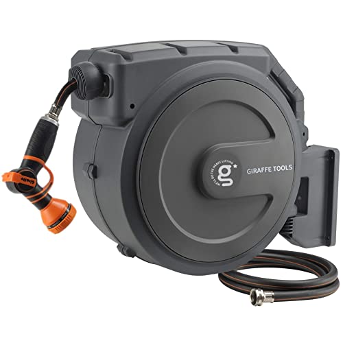 Giraffe Tools AW30 1/2MB Retractable Garden Hose Reel 1/2" x 100 ft PRO Metal Bracket, Heavy Duty, Any Length Lock Hose Reel, 100 ft, Dark Grey