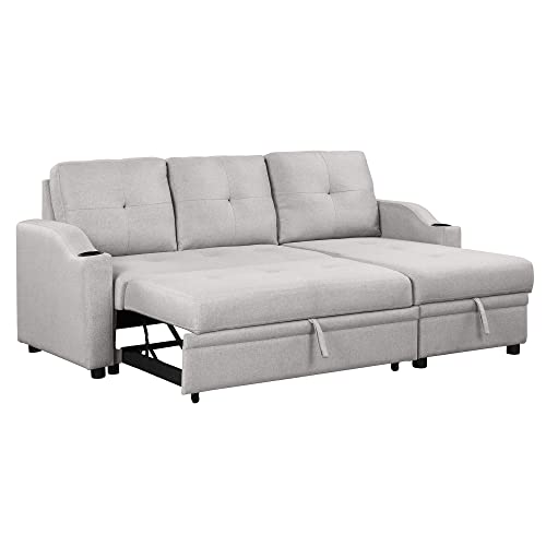 80.3" Pull Out Sofa Bed Modern Padded Upholstered Sofa Bed, Linen Fabric 3 Seater Couch with Storage Chaise and Cup Holder