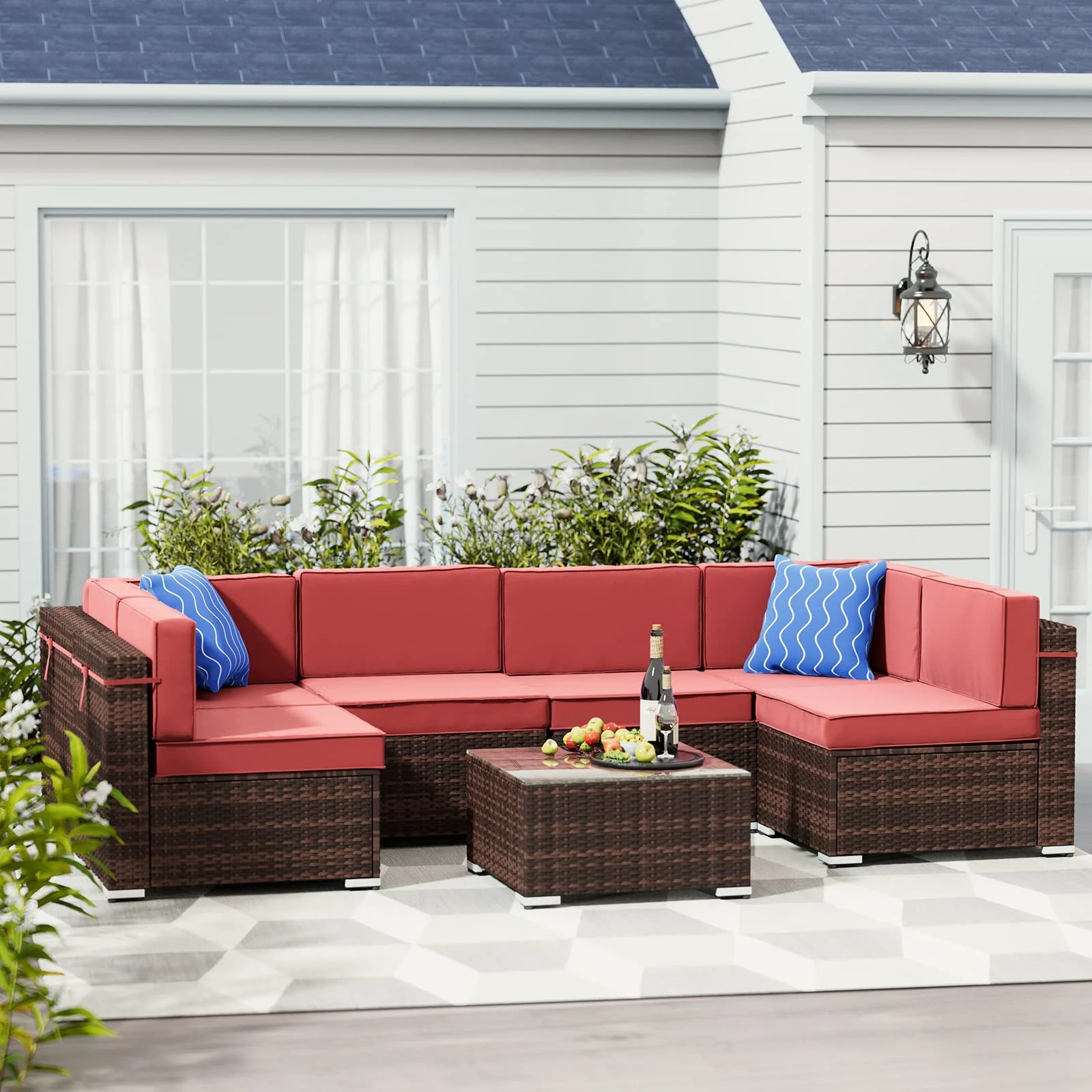 Amopatio 7 Pieces Patio Conversation Set, Outdoor Sectional PE Rattan Wicker Furniture Seat,Red - Curated Treasures Market