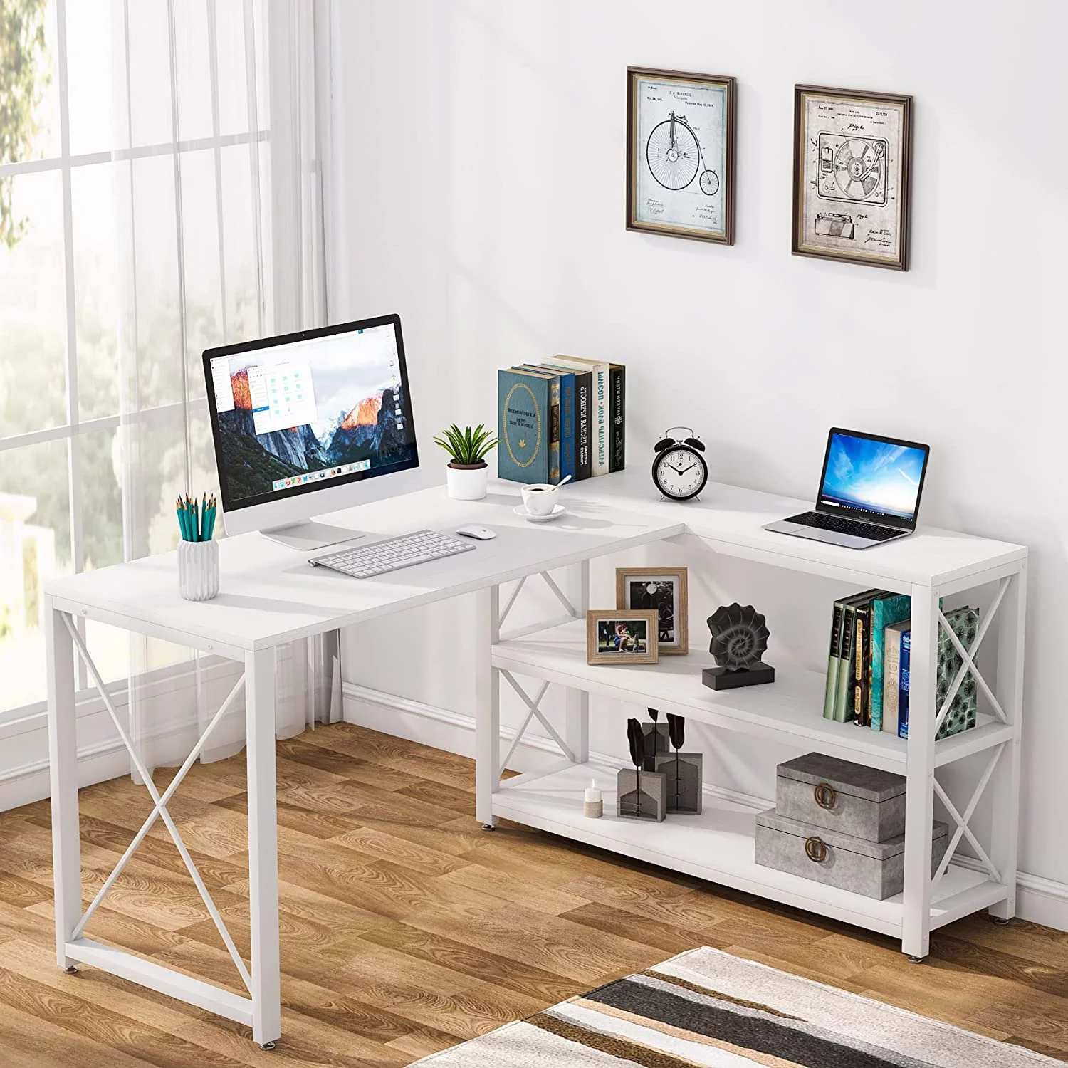 Tribesigns 59" Working Gaming Table, Reversible Computer PC Desk with 2 Shelves for Home Office, White