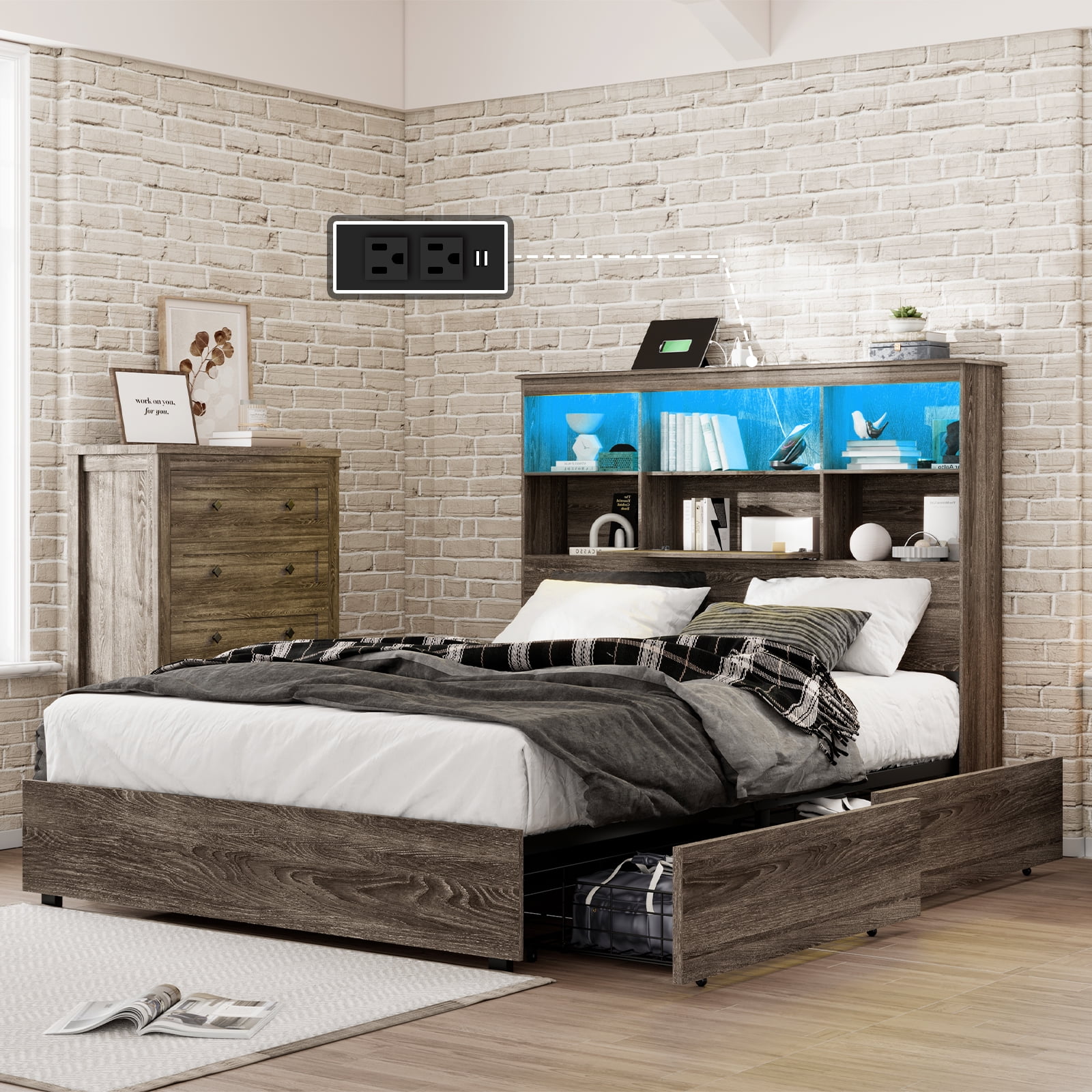 LUXOAK Queen Size Bed Frame with LED Bookcase Headboard, Wooden Storage Bed with Charging Station & 4 Drawers