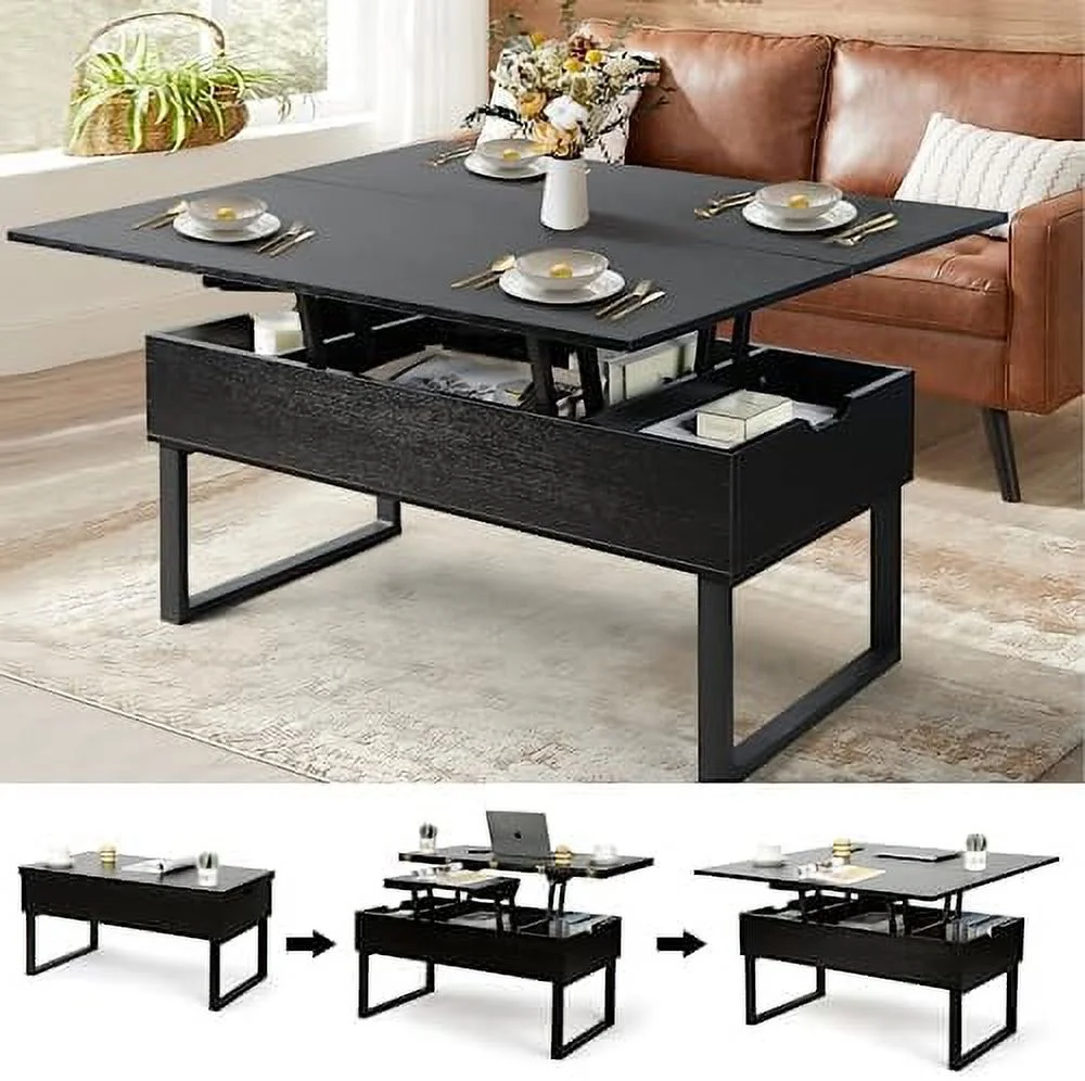 RUNFAYBIU Lift Top Coffee Table  4 in 1 Multi-  with  for Living Room  Modern Lift Dining Table with Shelves for Dining Reception Room  Rustic Brown