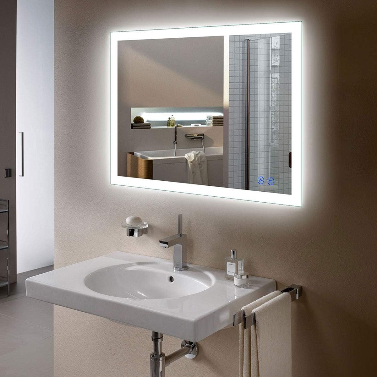 Dimmable LED Bathroom Mirror with Anti-Fog Function, 36x28 in Vertical & Horizontal Mount Illuminated Mirror with Touch Button, CRI>90