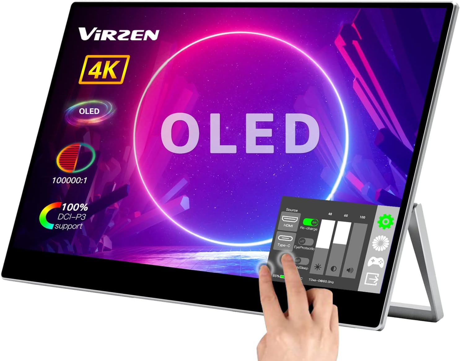OLED Portable Monitor Touchscreen 4K Touchscreen Display with 10000mah Battery 15.6” UHD 10bit 100% DCI-P3 100000:1 Color Virzen External Second