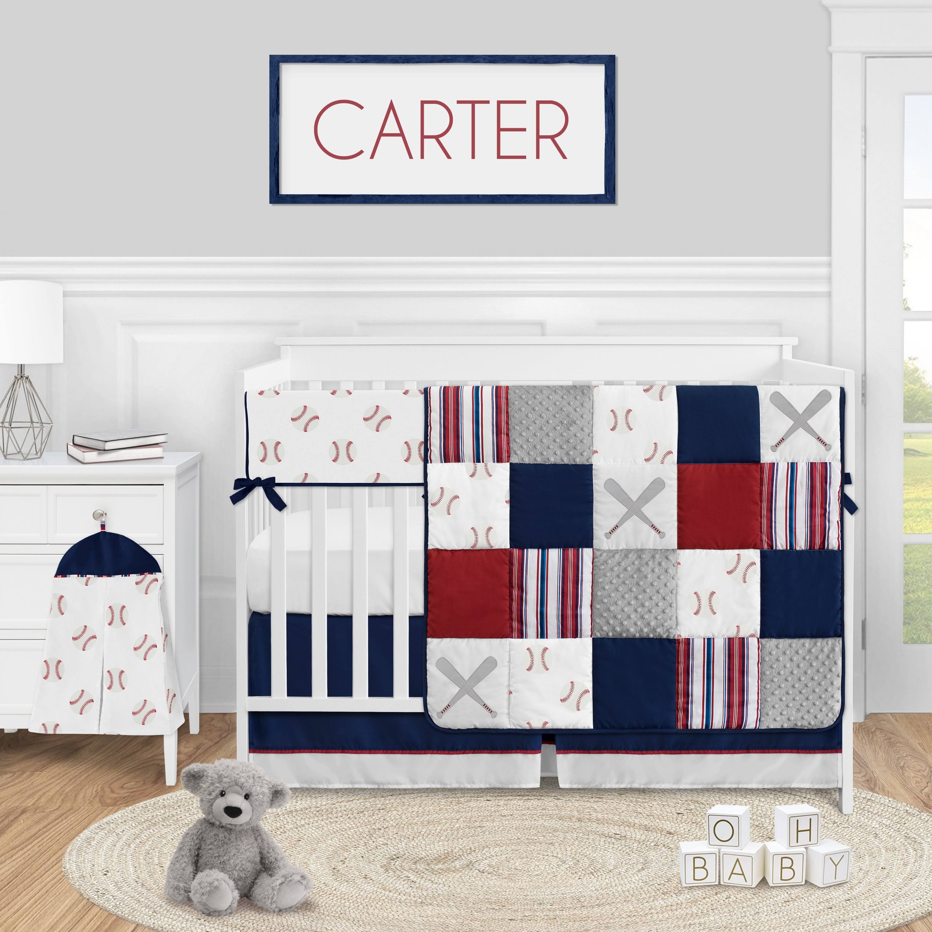 Sweet Jojo Designs Baseball Sports Baby Boy Nursery Crib Bedding Set - 5 Pieces - Red White and Blue Americana Stripe
