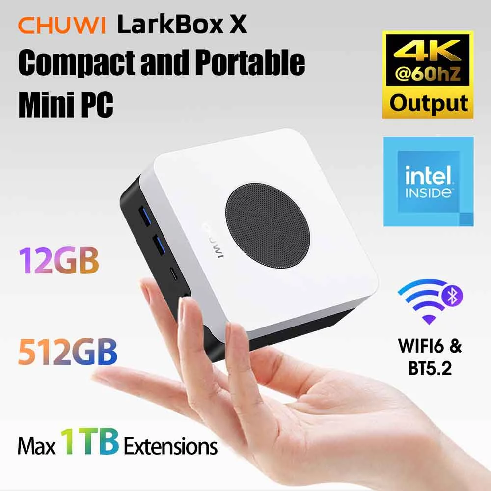CHUWI LarkBox X Mini PC,512GB SSD 12GB RMA,Intel 12th Gen N100(up to 3.40Ghz),Windows 11 Mini Gaming/Bussiness Desktop Computers,WIFI 6