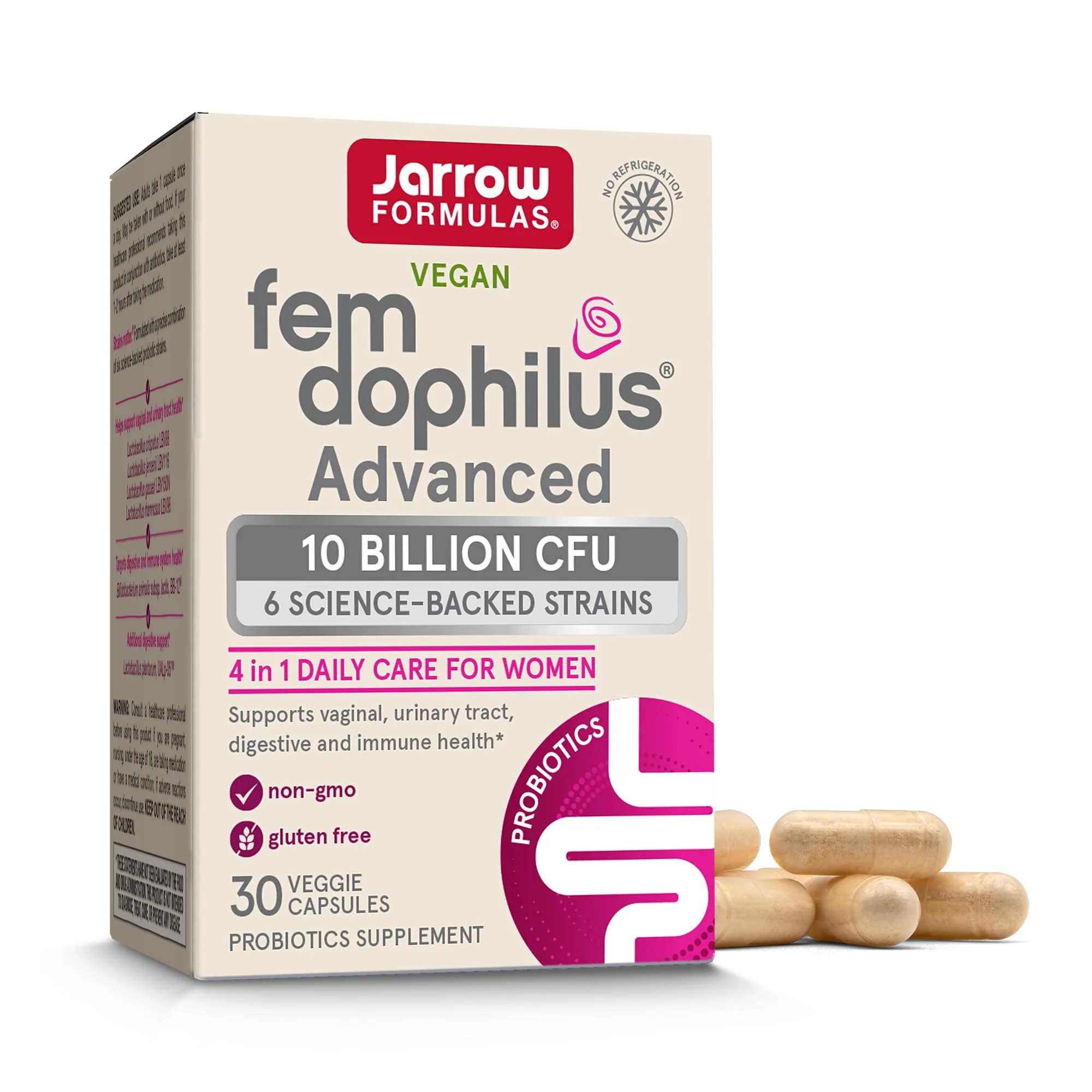 Jarrow Formulas Fem-Dophilus Advanced Probiotics 10 Billion CFU With 6 Science-Backed Strains, Dietary Supplement for Vaginal