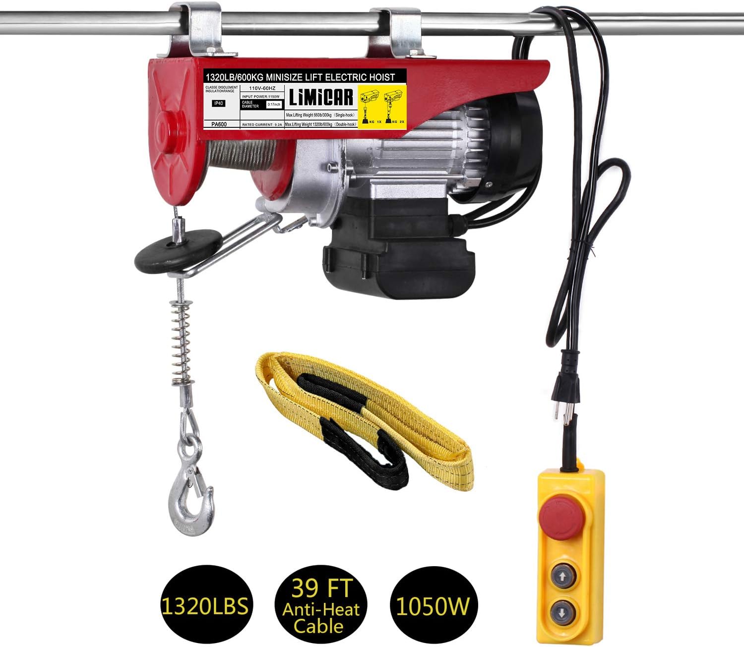 LIMICAR Electric Hoist 1320LBS Overhead Hoist Lift Electric Hoist Crane Garage Ceiling Pulley Winch Remote Control Power System with Premium Straps