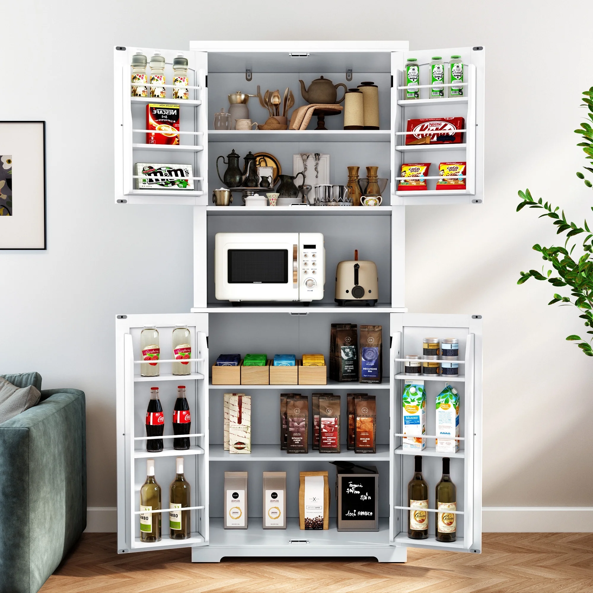 HLR 72" Kitchen Pantry Storage Cabinet, White Kitchen Hutch Cabinet with Microwave Stand