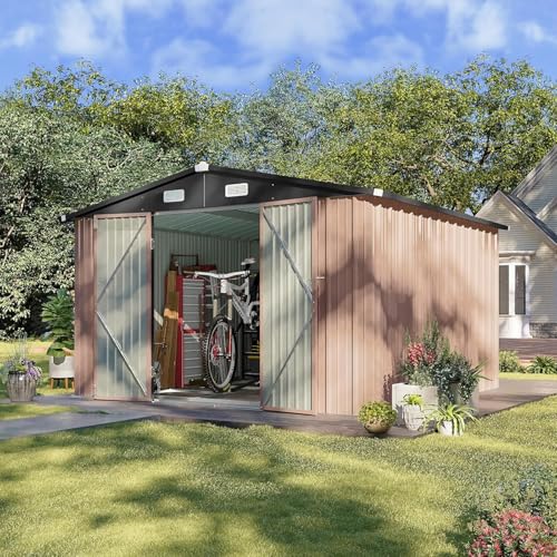 Aoxun 10 x 12FT Outdoor Storage Shed with Double Hinged Large Door Utility Garden Shed with Lockable Door & Sloped Roof Metal Sheds Outdoor Storage