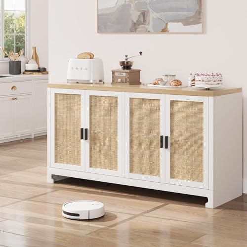 IDEALHOUSE Buffet Cabinet, Rattan Storage Cabinet with 4 Doors and Shelf, Sideboard Buffet Cabinet with Storage