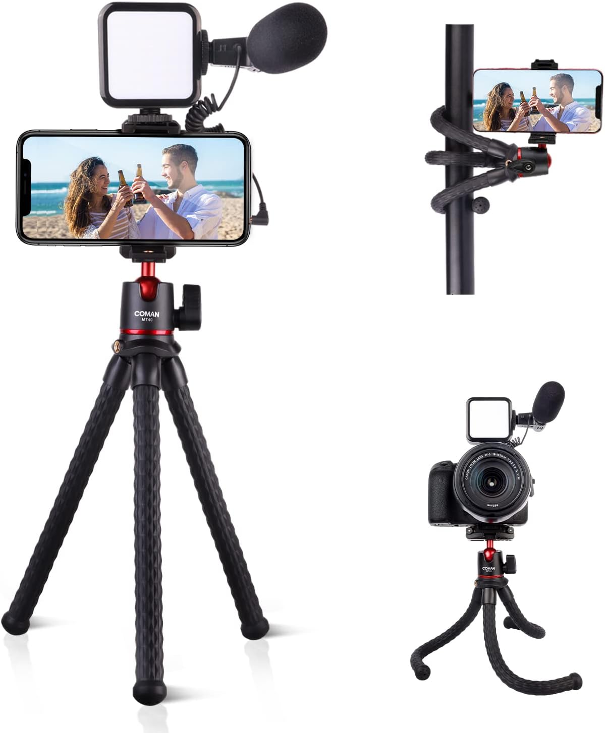 YouTube Starter Vlog Kit,COMAN Vlogging Kit Smartphone Camera 2-in-1 Tripod Stand+Microphone Light Kit