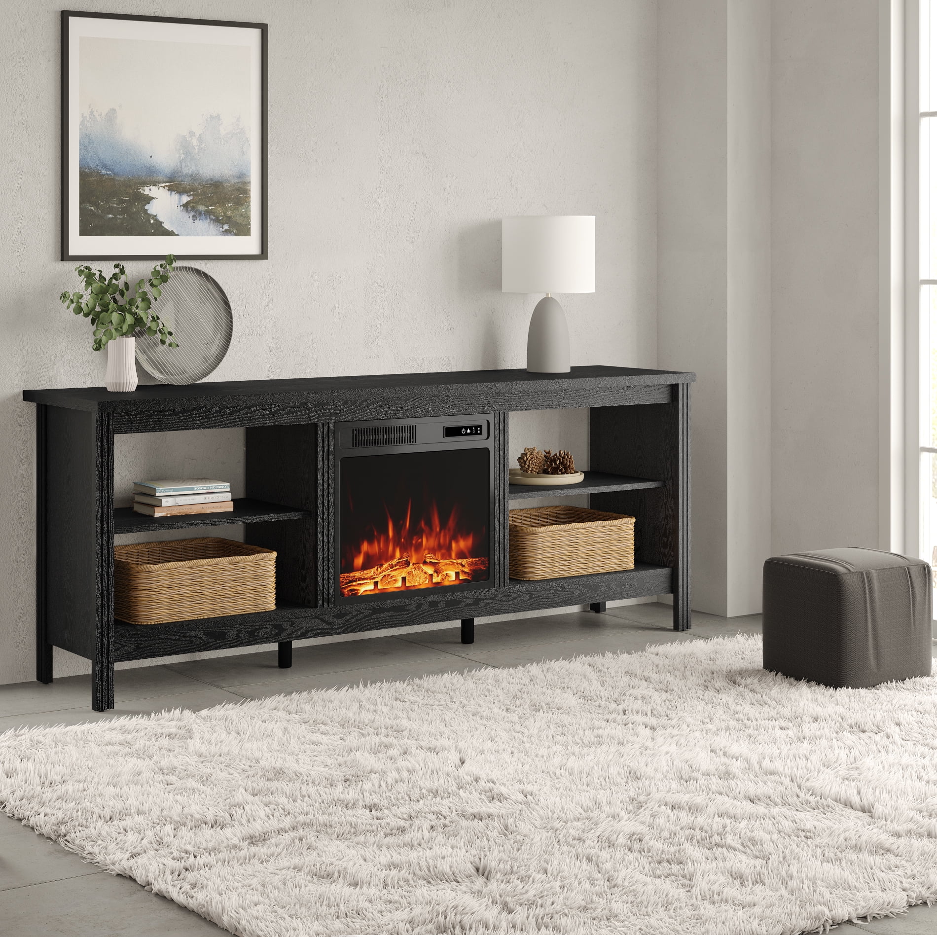 TV Stand for 75 inch TV with Electric Fireplace for Living Room, Black Entertainment Center with 4 Storage for 75 inch TV for Bedroom, 70 inch