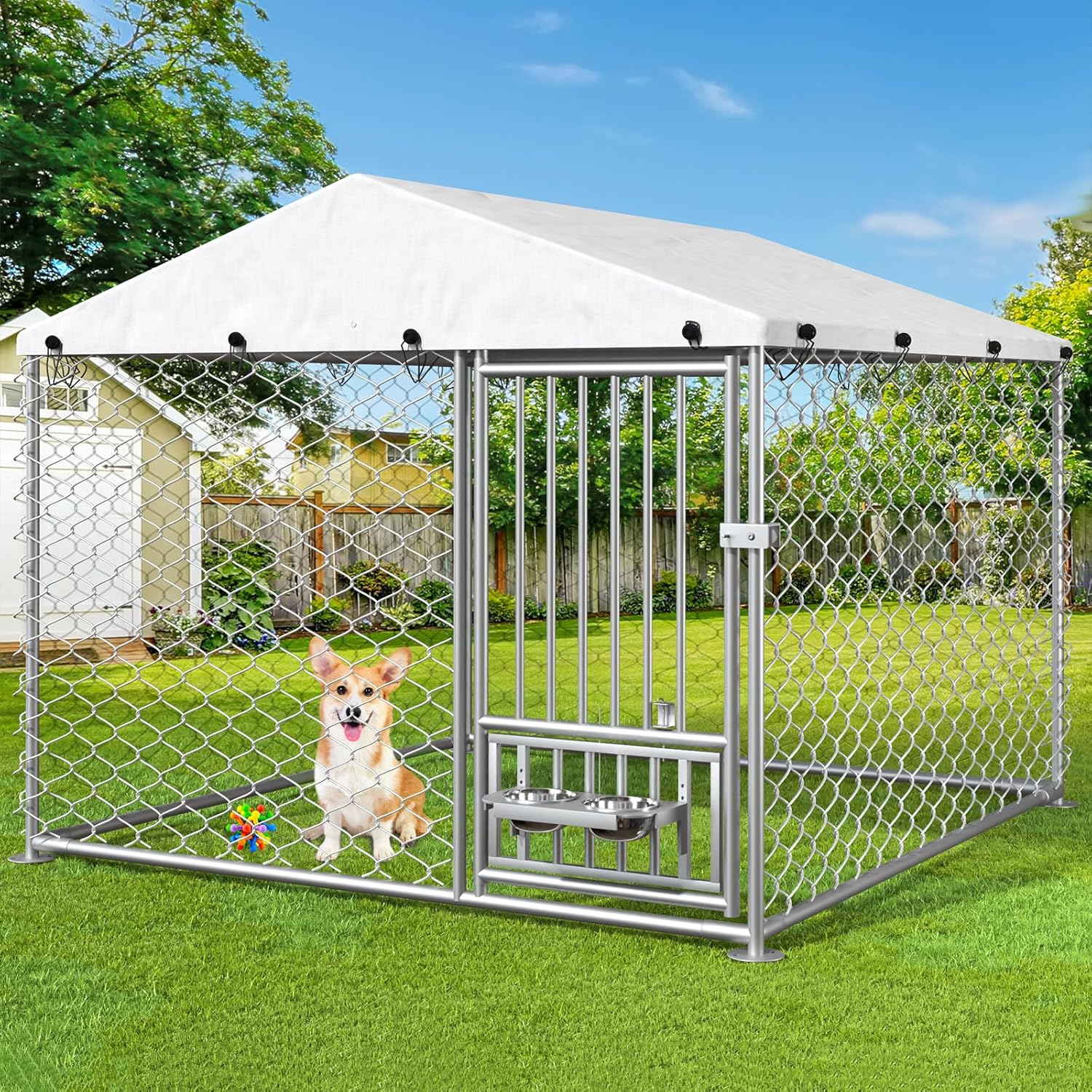 6.7' x 6.7' x 5' Outdoor Dog Kennel with Roof, Outside Dog Kennel with UV-Resistant & Waterproof Cover