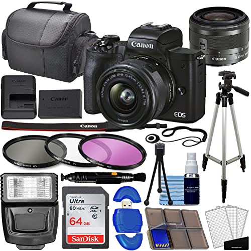 Canon EOS M50 Mark II Mirrorless Digital SLR with 15-45mm Lens (Black) + 64GB Memory Card, 3pc Filter Kit, Tripod, Card Reader + Photo Bundle
