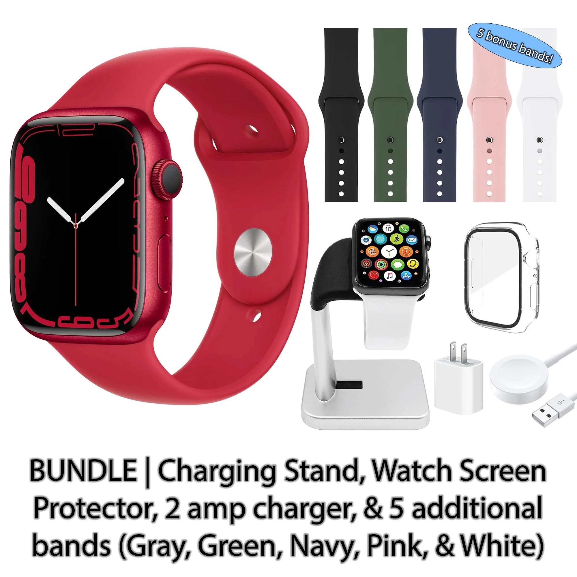 Restored Apple Watch Series 7 (GPS + Cellular, 45 mm) Red Aluminum Case with Red Sport Band 5 Bonus Bands, Charging Stand, Screen Protector