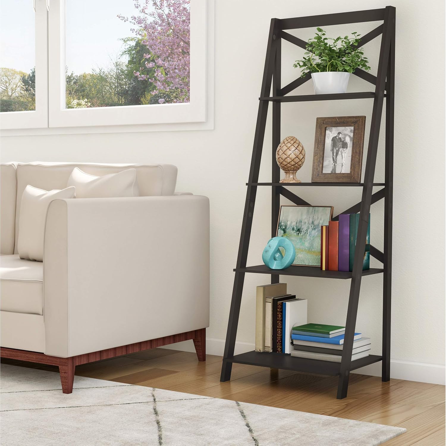 4 Shelf Ladder Bookshelf - Free Standing Tiered Bookcase, X Back Frame and Leaning Look Decorative Shelves for Home and Office by Lavish Home (Gray)