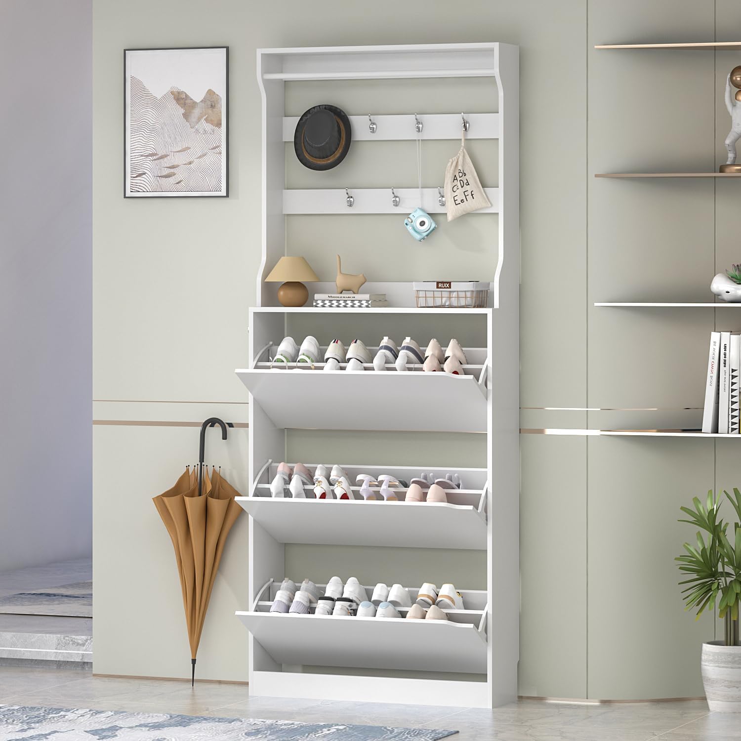 Shoe Cabinet Storage for Entryway, Shoe Storage Cabinet with 3 Flip Drawer, White Slim Freestanding Narrow Hidden Shoe Organizer Cabinet
