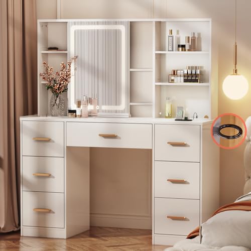 47'' Large Vanity Desk with Mirror and Lights, 7 Drawers, 8 Storage Shelves Vanity Table, Big Makeup Vanity Desk with 3 LED Lighting Modes