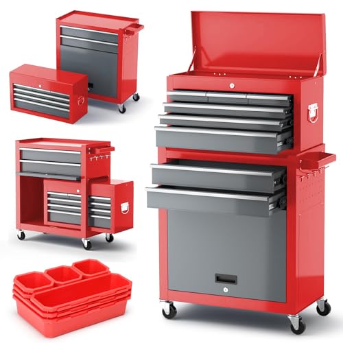 Tool Chest 8-Drawer | 42'' Large Rolling Tool Chest with Wheels | Detachable Top Metal Tool Box | Garage Storage Cabinet for Repair Room