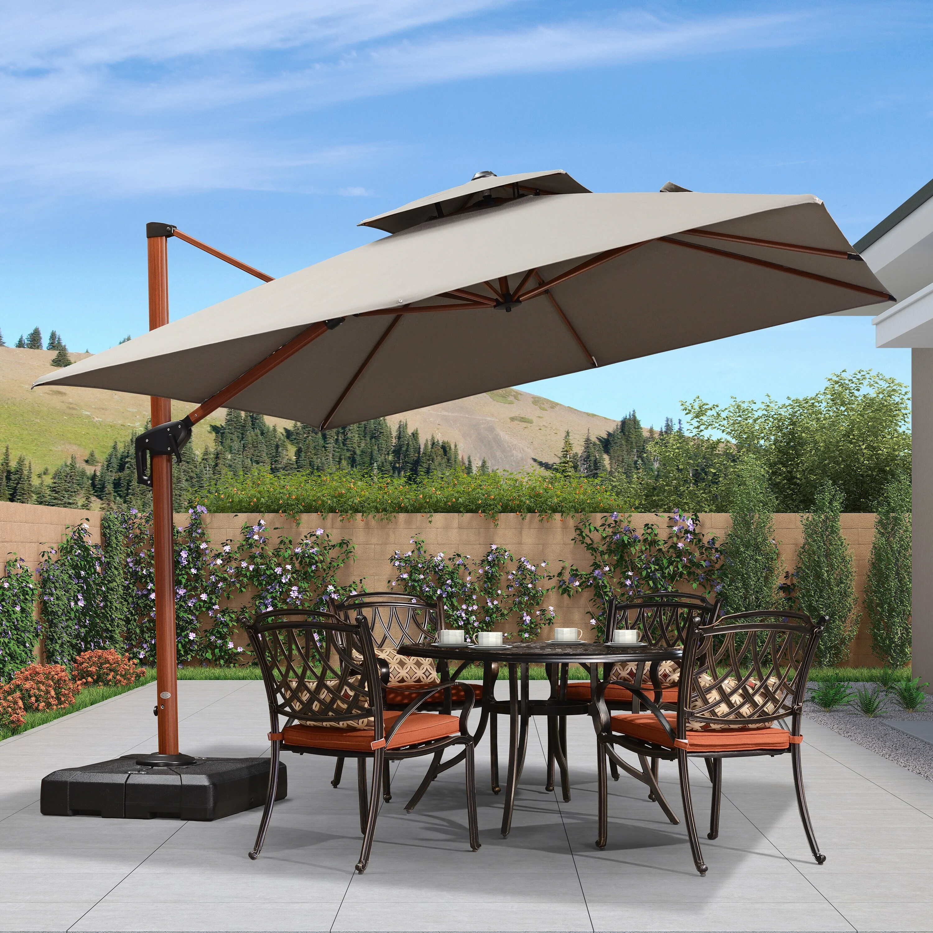 PURPLE LEAF 10ft Square Sunbrella Patio Cantilever Umbrella Grey/Wood Pattern - Radiant Selections