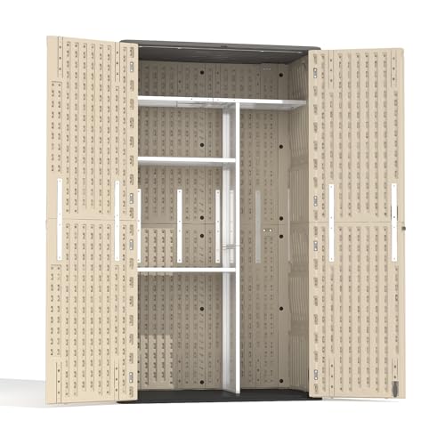 60 Cu.Ft Vertical Outdoor Storage Shed, All-Weather Resin Storage Cabinet Waterproof with Lockable Floor, Tall Backyard Shed for Patio Furniture