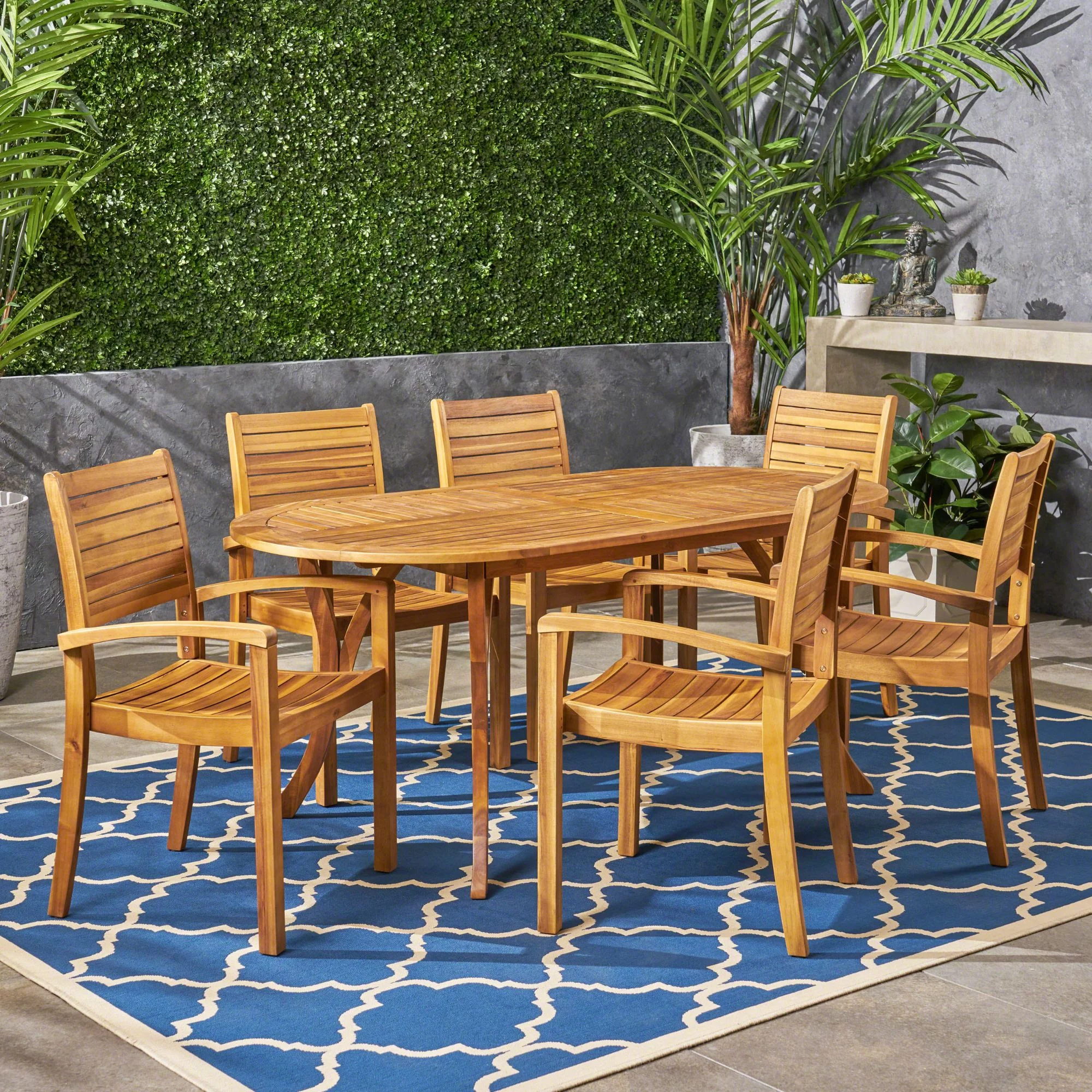 Noble House Holloway 7 Piece Wooden Oval Patio Dining Set in Teak