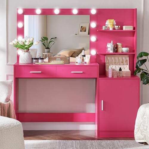 Vanity Desk with Mirror and LED Light Strip,Dressing Table with Large Drawer, 3 Level Storage Dresser & 3 Lighting Modes Adjustable Brightness