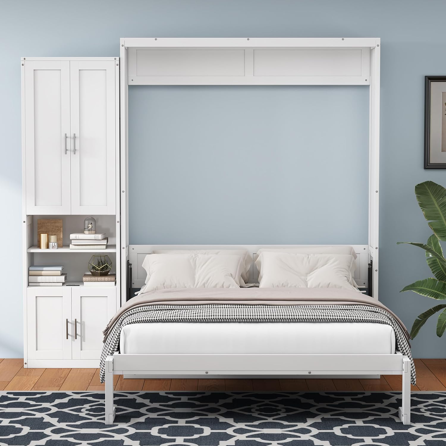 Queen Size Murphy Bed Chest with Desk and 1 Side Storage Cabinet Shelves, Solid Pine Wall Bedframe Foldable with USB Port, Space Saving